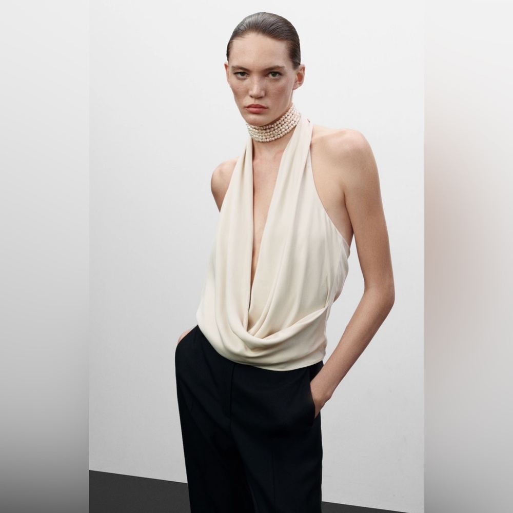 NWT - Mango - Cream Draped Halter Blouse - M